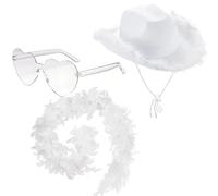 ZOOMPIL Women Blanco Cowgirl Hat, Sombreros de Vaquero Tejano de Pluma, Con Boa de Plumas y Gafas de Sol de Corazón, Para Despedida de Soltera, Fiesta de Disfraces, Disfraces de Juego