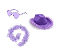 ZOOMPIL Women Púrpura Cowgirl Hat, Sombreros de Vaquero Tejano de Pluma, Con Boa de Plumas y Gafas de Sol de Corazón, Para Despedida de Soltera, Fiesta de Disfraces, Disfraces de Juego