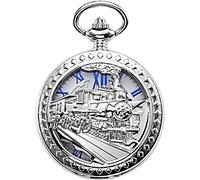ZOOPH Reloj de Bolsillo clásico, Reloj con Cadena Reloj de Bolsillo Antiguo for Hombre Esqueleto Mecánico Caja de Bronce Hueca Tren de Vapor 3D Números Romanos (Color: Plata)(Silver)