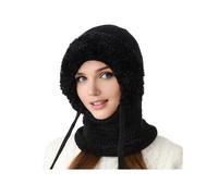 ZOOWMRALK Knitted hat scarf,Hat, and Scarf Set for Winter Hats with Face Guard, Adjustable Straps, Windproof Hooded Design(Black)