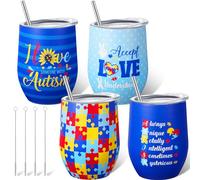 Zopeal 4 tazas de café de concienciación sobre el autismo, coloridas tazas de rompecabezas regalos para hombres y mujeres, acepta el amor entiende, vasos de vino de 12 onzas con tapas de pajitas y
