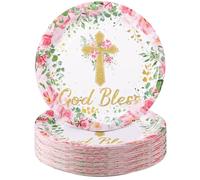 Zopeal 80 platos de papel con diseño de flor de Dios bendiga de 7 pulgadas, platos desechables para bautizo, primera comunión, platos florales para fiesta, vajilla para bautizo, celebración, baby