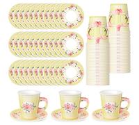 Zopeal Juego de 100 decoraciones desechables para fiestas de té, vasos de papel florales de 9 onzas con asa y platillo para el día de la madre, boda, cumpleaños, primavera, princesa, fiesta, baby
