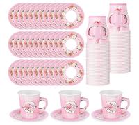 Zopeal Juego de 100 decoraciones desechables para fiestas de té, vasos de papel florales de 9 onzas con asa y platillo para el día de la madre, boda, cumpleaños, primavera, princesa, fiesta, baby