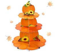 Zopeal Soporte para cupcakes de calabaza de otoño de 3 niveles, soporte para cupcakes de postre, soporte de cartón escalonado naranja, soporte de postre floral de otoño, torre para Acción de Gracias,