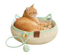 Zopoee Cama para Gatos - Cesta de Mimbre Lavable para Gatitos con Pelota de Juguete - Rascador Tipo - para Hogar Rústico, Salón, Dormitorio, Balcón, Estudio, Residencia Estudiantil