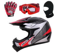Zorax ZOR-X19 Rojo L (53-54cm) Predator Kids Moto Motocross MX Casco & Guantes L (7cm) & Gafas & Pasamontañas ECE 2206
