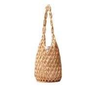 ZoraYorce Bolso de mano tejido de madera con cuentas para mujer, bolso de mano de obra abierta, bolsas de cubo retro, bolsas bohemias, bolso de playa de verano, bolso de punto, blanco + negro perlas