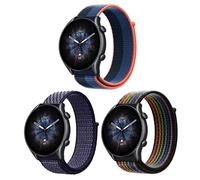 ZoRoll 3 Pack 22mm Correa para Amazfit Balance/Bip 6/Bip 5/GTR 4/GTR 3 Pro/3/2e/2, Pulsera de Nailon con Velcro Correa para Garmin Venu 2/Xiaomi Watch S1 Active - Negro&Arcoíris+Blue+Púrpura