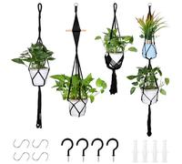 Zorplex 4 Piezas Colgadores De Macramé para Macetas, Cuerda de Algodón Trenzado Estilo Bohemio con Ganchos, Soportes Colgantes Decorativos para Plantas de Interior, Jardín y Ventana (Negro)