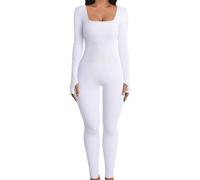 ZORQ Mono de manga larga para mujer, overol ajustado de manga larga con cuello cuadrado, enterizo completo para mujer, mameluco de manga larga, blanco, S