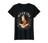Zorro en la Luna Creciente y Estrellas Botánicas Camiseta gráfica económica, Mujer, Negro, XS