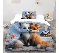 Zorro Zorro con Cuernos Funda Edredon 2 Piezas 3D Estampado Cute Forest Pets Nieve con Cremallera Y Funda De Almohada Single（135x200cm） Microfibra Ropa De Cama para Adultos Y Niñas