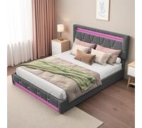 Zorvani Cama tapizada de 160 x 200 cm con LED, cama doble con 4 cajones, cama de almacenamiento con cabecero de altura ajustable, estructura de cama con somier, cama juvenil, lino, gris, sin colchón