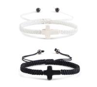 ZORVUJI 2 Piezas Pulsera con Cruz Jesús Joyería Cristiana Hecha a Mano Ajustable Trenzada para Mujeres Hombres Pareja Fe Regalos Primera Comunión Confirmación Pascua (Negro Blanco)