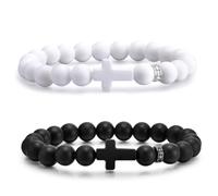 ZORVUJI Set de 2 Pulseras Rosario Católicas, Pulsera de Cuentas con Cruz Sagrada, Joya Religiosa para Hombre y Mujer, Negro y Blanco