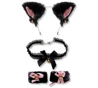 ZORVYN Set de Disfraz Cosplay de 4 Piezas - Diadema con Orejas de Gato y Cascabeles, Esposas, Disfraz para Mujeres y Niñas, Ideal para Juegos de Rol, Fiestas y Halloween (Negro)