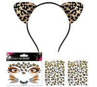 ZORVYN Set de Disfraz de Leopardo para Mujer con Diadema de Orejas, Tatuajes Faciales y Adhesivos - Accesorios de Orejas de Gato para Carnaval y Fiestas
