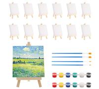 Zosenyer 12 Piezas Mini Caballete Pintura, Caballete de Madera 15x8cm con Lienzo Kit de 12 Pinturas Acrilica y 4 Pinceles Pintar, Regulable Caballete Sobremesa para Niños y Adultos Pintura