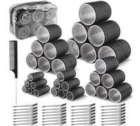 Zosenyer 60 Piezas Rulos Pelo, 5 Tamaños (55/45/40/30/20 mm) Rulos Pelo Grandes con 28 Pinzas de Acero Inoxidable, Hair Rollers Velcro Para Cabello Largo, Mediano, Corto (Negro)