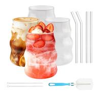 Zosenyer Vaso con pajita 530 ml de cristal ondulado, set de 4 vaso para café, matcha latte y bubble tea con pajita de vidrio y cepillos de limpieza