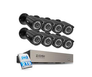 ZOSI 1080P Kit de Cámaras de Vigilancia 8pcs 2MP Cámara de Seguridad Exterior con 8CH H.265+ Grabador DVR, Visión Nocturna, Alarma de Movimiento, 2TB Disco Duro