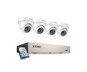 ZOSI 5MP Lite Sistema de Cámara de Vigilancia 8CH H.265+ 1080P Grabador DVR con (4) 2MP Cámara de Seguridad Exterior Domo, Acceso Remoto, Detección de Movimiento, 1TB Disco Duro