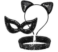 ZOSIGN 3 Piezas Disfraz Gato para Mujer, Vestir Gato de Halloween, Accesorios de Ropa Gatos, con Diadema Orejas de Gato, Collar y Mascara Ojos, para Cosplay, Fiesta de Carnaval, Halloween