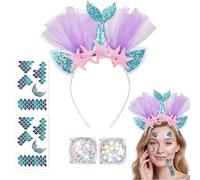 Zosutetoxo Conjunto de Disfraz de Sirena Damas Niñas, Diadema con Gel Brillante y Tatuajes Faciales para Carnaval Accesorios de Sirena