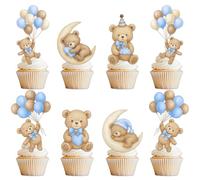Zosutetoxo Set de Topper de Cupcake 36 piezas Azul Oso Decoración de Tarta Baby Shower Niño Decoración de Muffin Osito con Globo Luna Corazón para Revelación de Género 1er Cumpleaños Bautizo