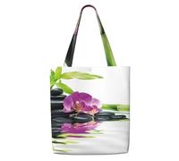 Zouey Bolsa de lona para mujer, bolso de hombro grande, reutilizable, ideal para comestibles, con piedras de masaje zen y orquídea morada.