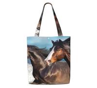 Zouey Bolsa de lona para mujer, bolso de hombro grande, reutilizable, para comestibles, diseño de caballos blancos.