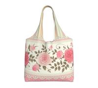 Zouey Bolso de lona de un solo hombro, bolso de lona para mujer, bolso de hombro, bolso de compras, estampado floral rosa con lunares y rayas neutras, estilo vintage shabby chic con encaje floral.
