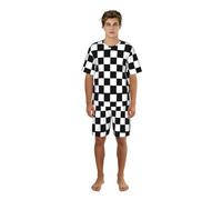 Zouey Conjunto de Pijama de Hombre con Cuello Redondo y Bolsillos, Manga Corta, Pantalones Cortos, Estampado a Cuadros en Blanco y Negro de la Fórmula 1.,One Size,2XL