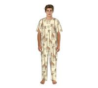 Zouey Conjunto de Pijama de Manga Corta para Hombre con Estampado de Jirafa Dibujada a Mano, Cuello Redondo y Bolsillos.,As Shown,XL