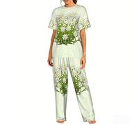 Zouey Conjunto de Pijama de Manga Corta para Mujer con Cuello Redondo y Bolsillos, Estampado de Flores de montaña suizas Edelweiss.,As Shown,3XL