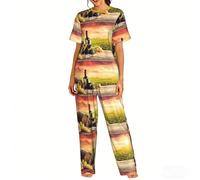 Zouey Conjunto de Pijama de Manga Corta para Mujer con Cuello Redondo y Bolsillos, Estampado Sunset Wine and Cheese (Vino y Queso al Atardecer).,As Shown,L