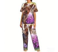 Zouey Conjunto de Pijama de Manga Corta para Mujer con Cuello Redondo y Bolsillos, Ropa de Dormir, Yorkshire Terrier Dog,As Shown,2XL