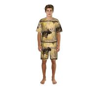 Zouey Conjunto de Pijama para Hombre: camisón de Cuello Redondo con Bolsillos, Mangas Cortas y Pantalones Cortos. Estampado de Alce Salvaje en el Bosque.,One Size,S