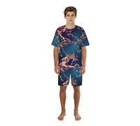 Zouey Conjunto de Pijama para Hombre con Cuello Redondo y Bolsillos, Manga Corta, pantalón Corto y Estampado de mármol Morado, Verde Azulado y Oro Rosa.,One Size,M