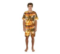 Zouey Conjunto de Pijama para Hombre con Cuello Redondo y Bolsillos, Manga Corta, Pantalones Cortos, Estampado de Palmeras Tropicales, Playa, Hawái y Puesta de Sol de Verano.,One Size,L