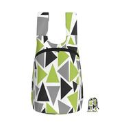 Zouey Mochila plegable de almacenamiento de poliéster, portátil, para viajes y compras, reutilizable, con cremalleras, diseño de triángulos aleatorios en verde lima, gris y negro sobre fondo blanco.