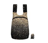 Zouey Mochila plegable de almacenamiento de poliéster, portátil, para viajes y compras, reutilizable, con cremalleras, purpurina dorada, puntos dorados y negros.