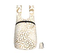Zouey Mochila plegable de almacenamiento de poliéster, portátil, para viajes y compras, reutilizable, con cremalleras, elegante estampado de leopardo y guepardo en dorado y blanco.