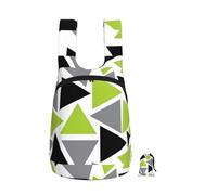 Zouey Mochila plegable de almacenamiento de poliéster, portátil, para viajes y compras, reutilizable, con cremalleras, diseño de triángulos aleatorios en verde lima, gris y negro sobre fondo blanco.