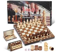 Zourglow Ajedrez Magnético Madera, 3-in-1 Damas y Backgammon en Estuche | Plegable Juego Tablero Ajedrez con Fichas & 2 Dados para Viaje Fiesta Regalos para Niños y Adultos, 2 Jugadores