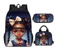 ZOUTAIRONG Juego de mochila para niña africana con lonchera 3 en 1, bolsa de almuerzo afro americana mágica para niños, estuche para libros escolares para 2ª/3ª/4ª/5ª, color azul