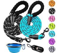 ZOVJCY Paquete de 2 correas de perro de 2/5/6 pies con cómodo mango acolchado, correas reflectantes para perros medianos y grandes con cuenco plegable para mascotas y bolsas de basura... (negro +