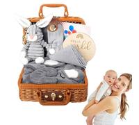 ZOYDP Canastilla Bebe Recien Nacido, 7-In-1 Regalo Bebe Recien Nacido Niño, Set de Regalo para Bebé Recién Nacido, con Tela Triangular para Bebé, Peluches, Toalla de Baño, Calcetines, Gris