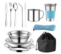 ZOYDP Vajilla Camping 2 Persona, 12PCS Cubiertos Camping Acero Inoxidable, Kit Cubiertos Camping con Cubiertos Plegables, Plato Cuenco Cuchillo Tenedor Cuchara, Platos Camping Kit 1-2 Pesonas